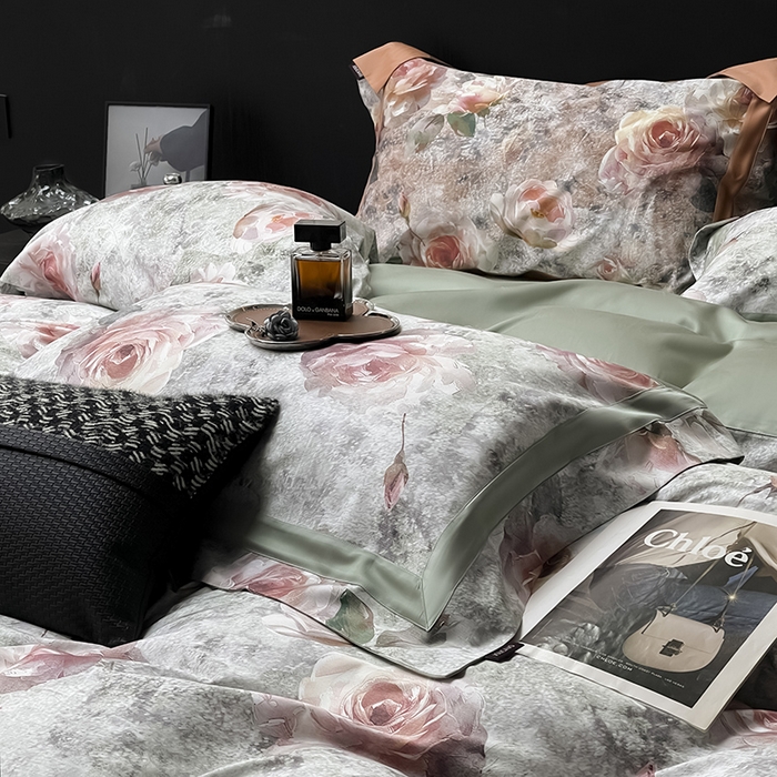 91家纺网 家纺一手货源 找家纺  2025新款A类100支天丝棉夹棉床盖床笠四件套全棉床单加厚高端数码印花 梦寐繁花-绿