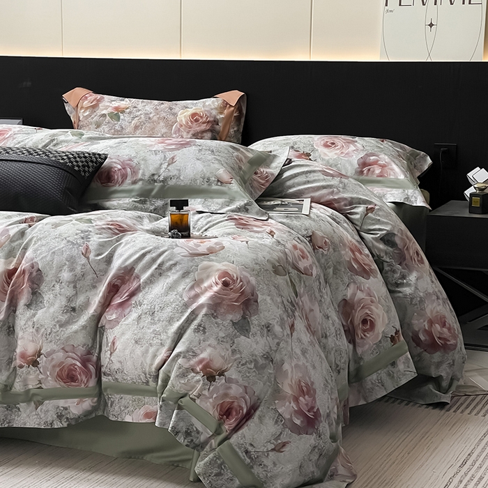 91家纺网 家纺一手货源 找家纺  2025新款A类100支天丝棉夹棉床盖床笠四件套全棉床单加厚高端数码印花 梦寐繁花-绿