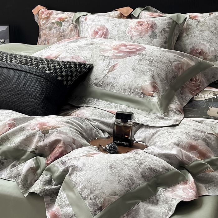 91家纺网 家纺一手货源 找家纺  2025新款A类100支天丝棉夹棉床盖床笠四件套全棉床单加厚高端数码印花 梦寐繁花-绿