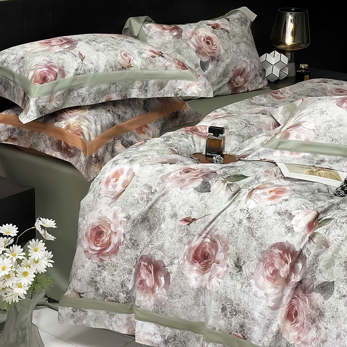 91家纺网 家纺一手货源 找家纺  2025新款A类100支天丝棉夹棉床盖床笠四件套全棉床单加厚高端数码印花 梦寐繁花-绿