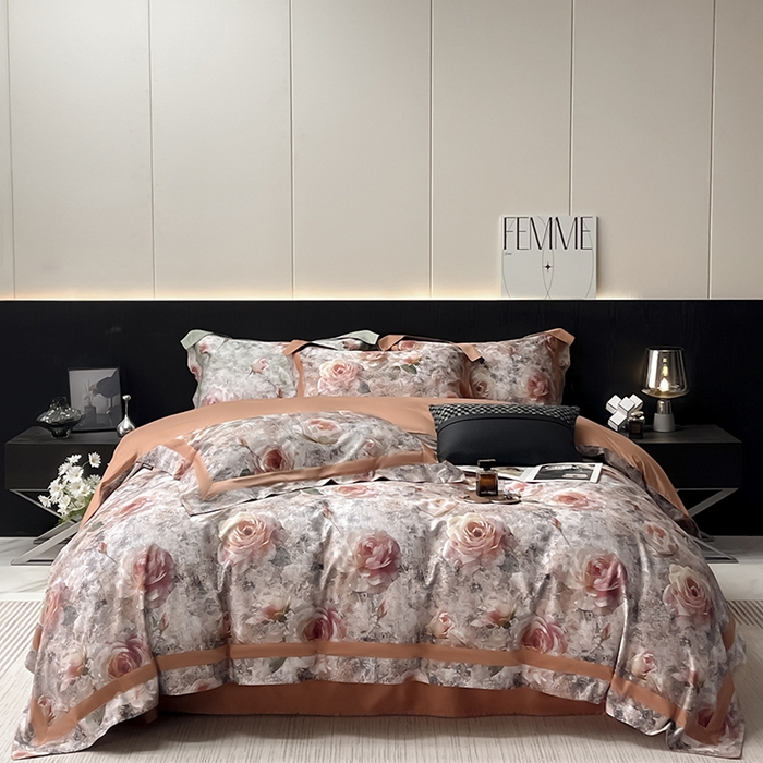 91家纺网 家纺一手货源 找家纺  2025新款A类100支天丝棉夹棉床盖床笠四件套全棉床单加厚高端数码印花 梦寐繁花-橙