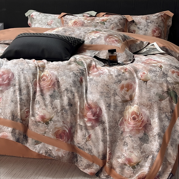 91家纺网 家纺一手货源 找家纺  2025新款A类100支天丝棉夹棉床盖床笠四件套全棉床单加厚高端数码印花 梦寐繁花-橙