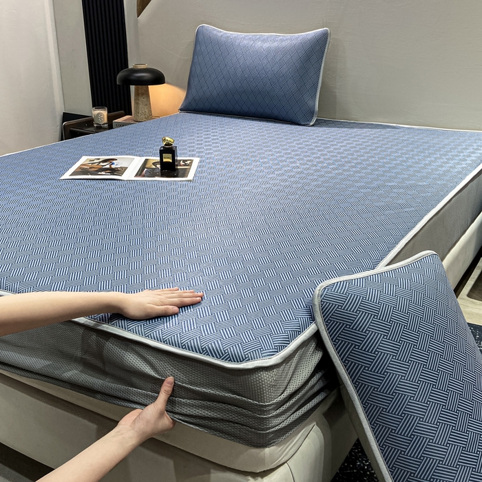 91家纺网 家纺一手货源 找家纺 给笠 2025新款碳光复合三明治冰丝 床笠 饼干-冰丝床笠蓝色