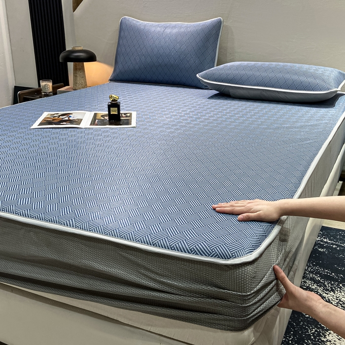 91家纺网 家纺一手货源 找家纺 给笠 2025新款碳光复合三明治冰丝 床笠 饼干-冰丝床笠蓝色