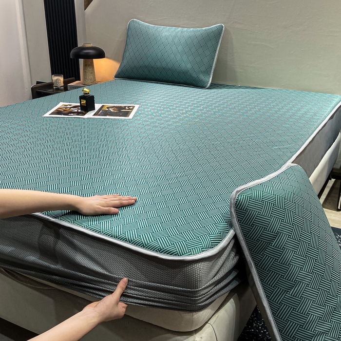 91家纺网 家纺一手货源 找家纺 给笠 2025新款碳光复合三明治冰丝 床笠 饼干-冰丝床笠绿色