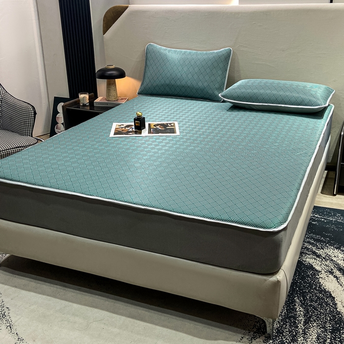 91家纺网 家纺一手货源 找家纺 给笠 2025新款碳光复合三明治冰丝 床笠 饼干-冰丝床笠绿色