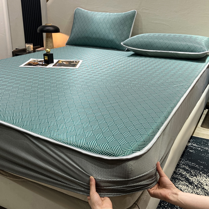 91家纺网 家纺一手货源 找家纺 给笠 2025新款碳光复合三明治冰丝 床笠 饼干-冰丝床笠绿色