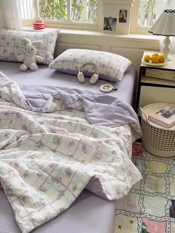 91家纺网 家纺一手货源 找家纺 仟网汇 2025新款皱皱纱简单款夏被四件套 时恋