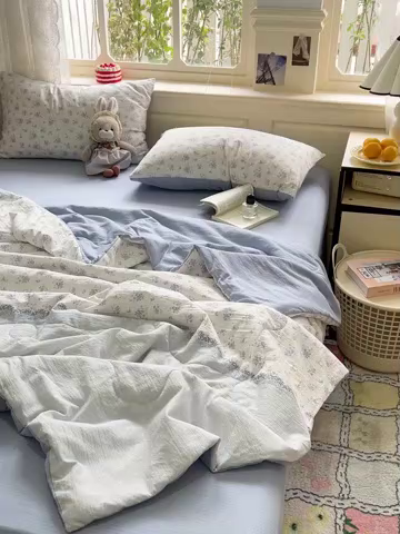 91家纺网 家纺一手货源 找家纺 仟网汇 2025新款皱皱纱简单款夏被四件套 兰黛