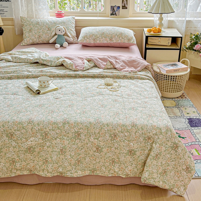 91家纺网 家纺一手货源 找家纺 仟网汇 2025新款皱皱纱简单款夏被四件套 花束-绿