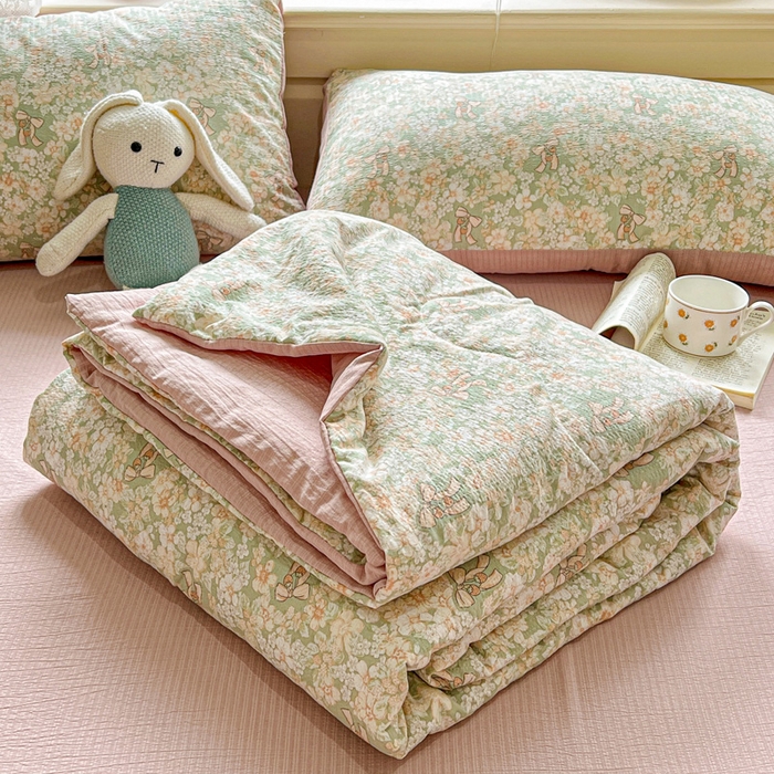 仟网汇 2025新款皱皱纱简单款夏被四件套 花束-绿