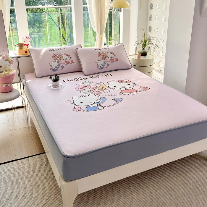 91家纺网 家纺一手货源 找家纺 蘭菲家纺 2025新款三丽鸥卡通印花冰丝凉席 搭档宝贝-粉