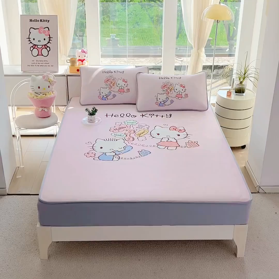 91家纺网 家纺一手货源 找家纺 蘭菲家纺 2025新款三丽鸥卡通印花冰丝凉席 搭档宝贝-粉