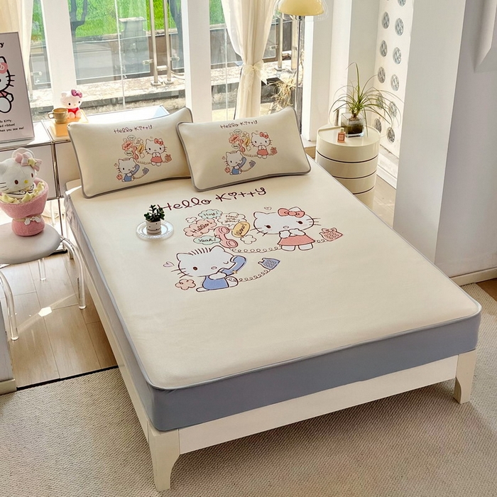 91家纺网 家纺一手货源 找家纺 蘭菲家纺 2025新款三丽鸥卡通印花冰丝凉席 搭档宝贝-米