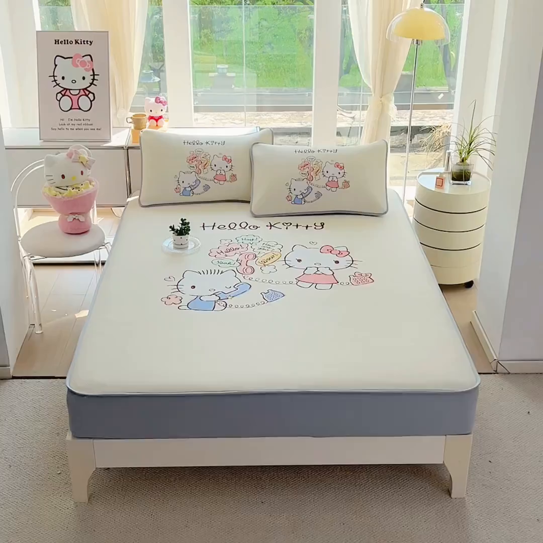 91家纺网 家纺一手货源 找家纺 蘭菲家纺 2025新款三丽鸥卡通印花冰丝凉席 搭档宝贝-米