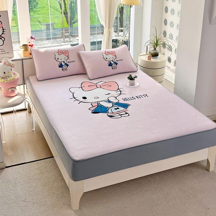 91家纺网 家纺一手货源 找家纺 蘭菲家纺 2025新款三丽鸥卡通印花冰丝凉席 摩卡-粉