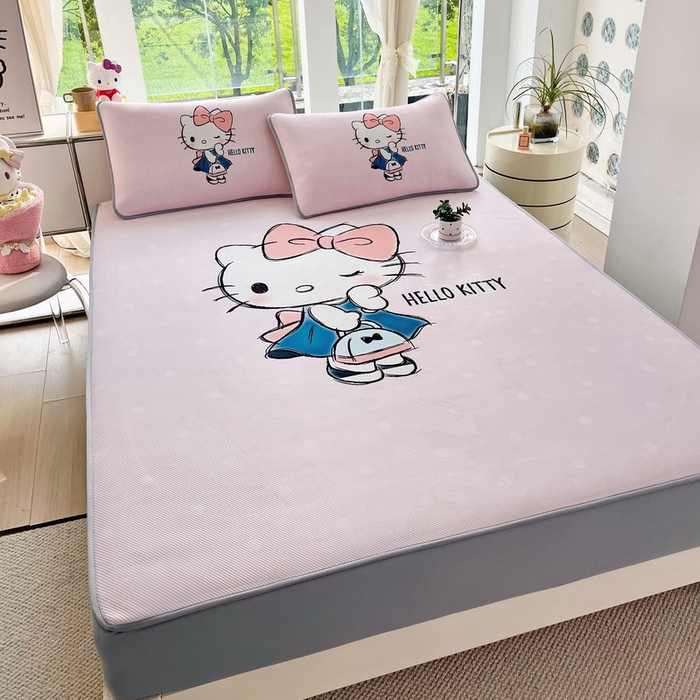 91家纺网 家纺一手货源 找家纺 蘭菲家纺 2025新款三丽鸥卡通印花冰丝凉席 摩卡-粉