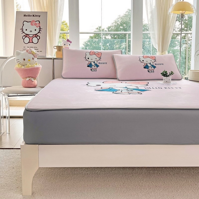 91家纺网 家纺一手货源 找家纺 蘭菲家纺 2025新款三丽鸥卡通印花冰丝凉席 摩卡-粉