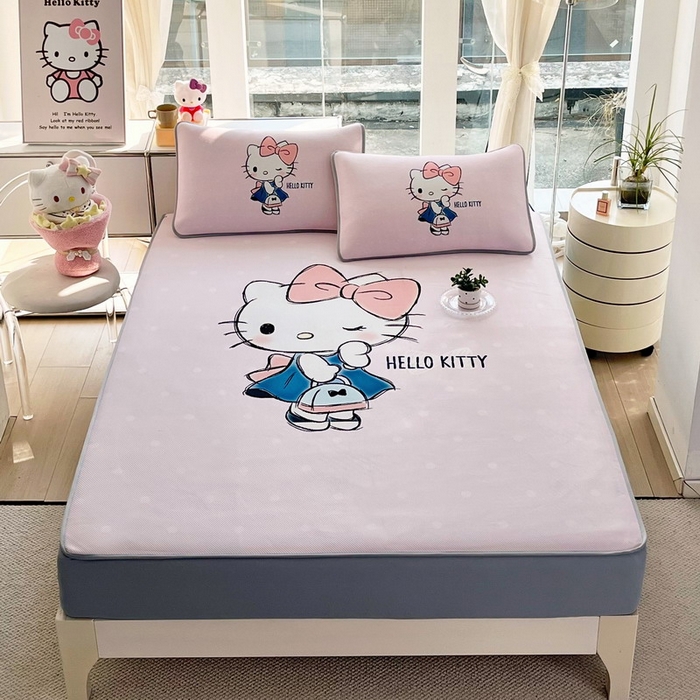 91家纺网 家纺一手货源 找家纺 蘭菲家纺 2025新款三丽鸥卡通印花冰丝凉席 摩卡-粉