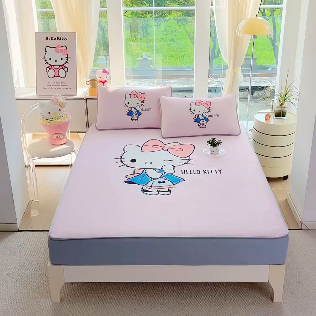 91家纺网 家纺一手货源 找家纺 蘭菲家纺 2025新款三丽鸥卡通印花冰丝凉席 摩卡-粉