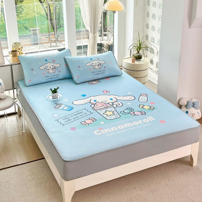 91家纺网 家纺一手货源 找家纺 蘭菲家纺 2025新款三丽鸥卡通印花冰丝凉席 奶茶来了