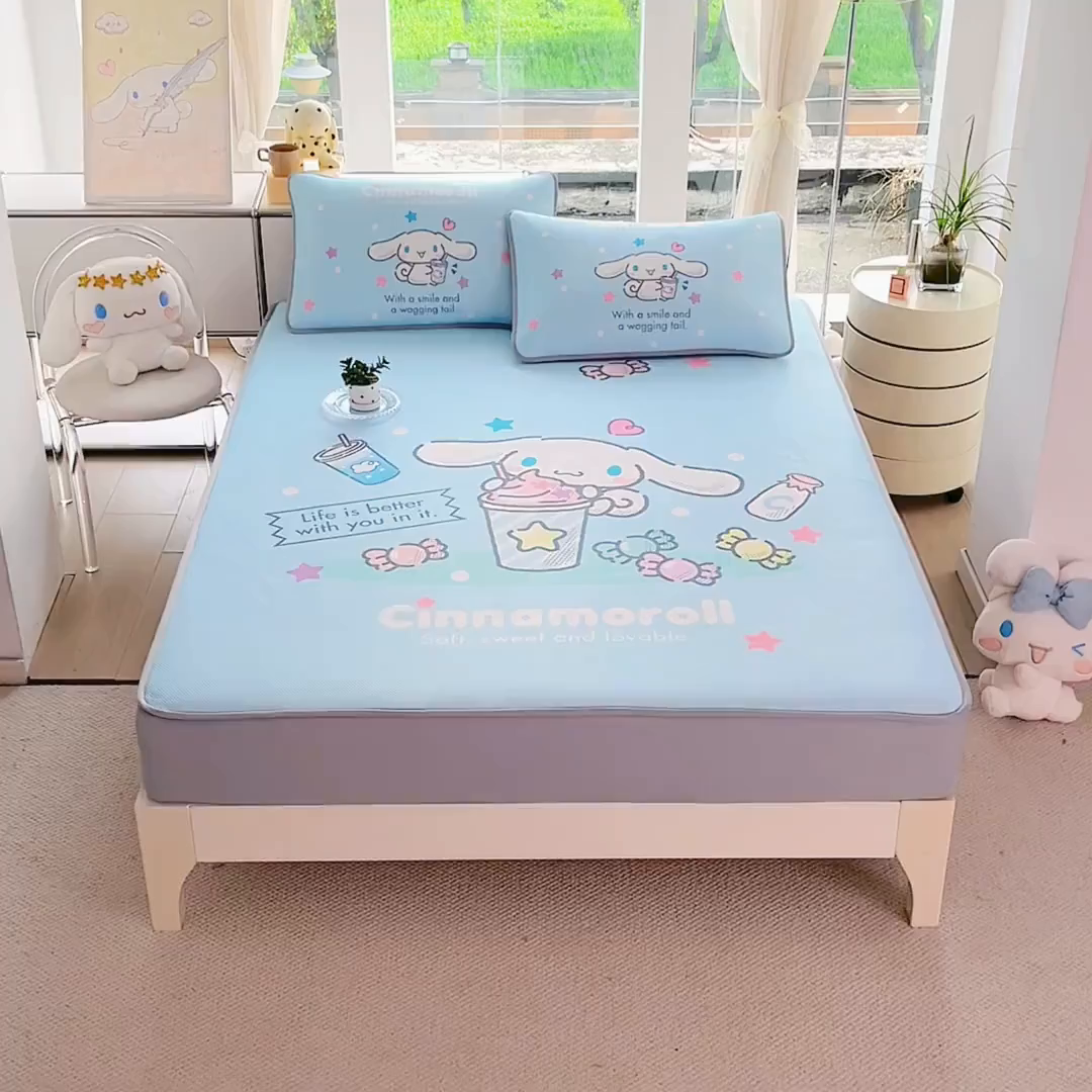 91家纺网 家纺一手货源 找家纺 蘭菲家纺 2025新款三丽鸥卡通印花冰丝凉席 奶茶来了