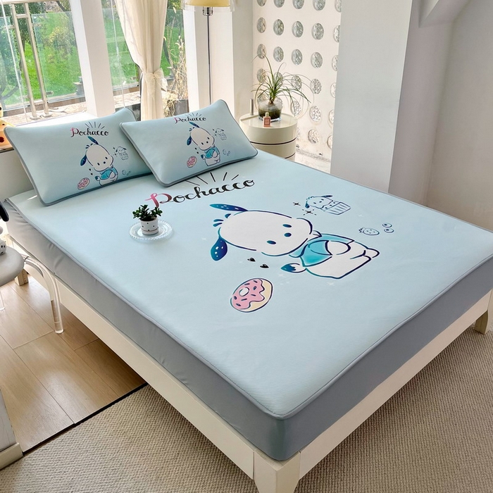 91家纺网 家纺一手货源 找家纺 蘭菲家纺 2025新款三丽鸥卡通印花冰丝凉席 恰恰-蓝