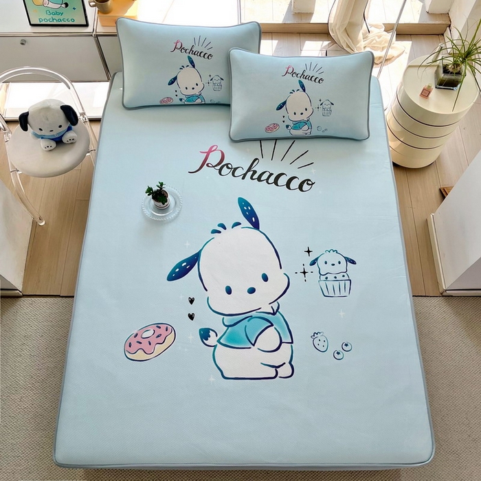 91家纺网 家纺一手货源 找家纺 蘭菲家纺 2025新款三丽鸥卡通印花冰丝凉席 恰恰-蓝