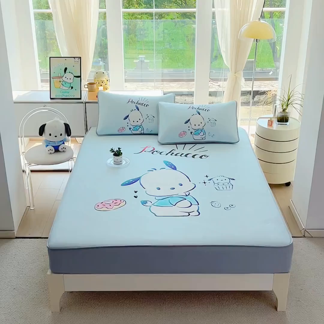 91家纺网 家纺一手货源 找家纺 蘭菲家纺 2025新款三丽鸥卡通印花冰丝凉席 恰恰-蓝