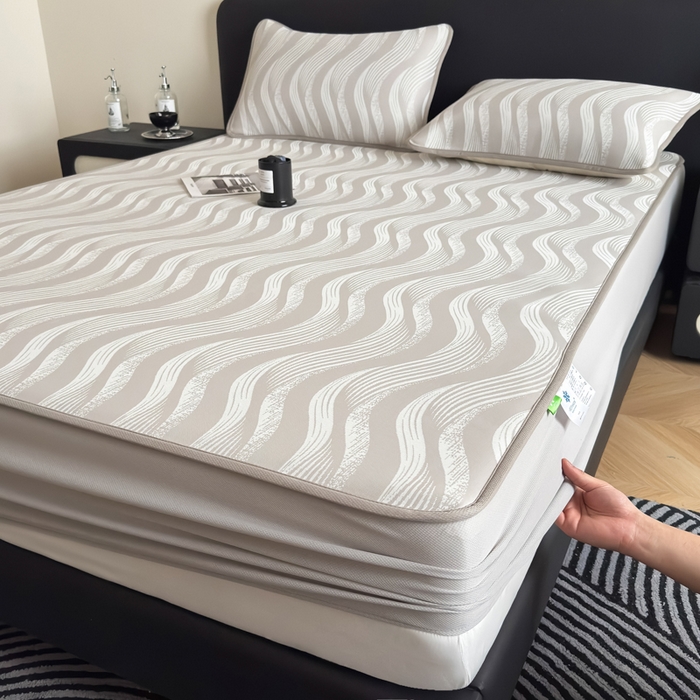 91家纺网 家纺一手货源 找家纺 九花鹿 2025新款A类PE凉感提花床笠款冰丝凉席软凉席可机洗可水洗 波纹（米灰）