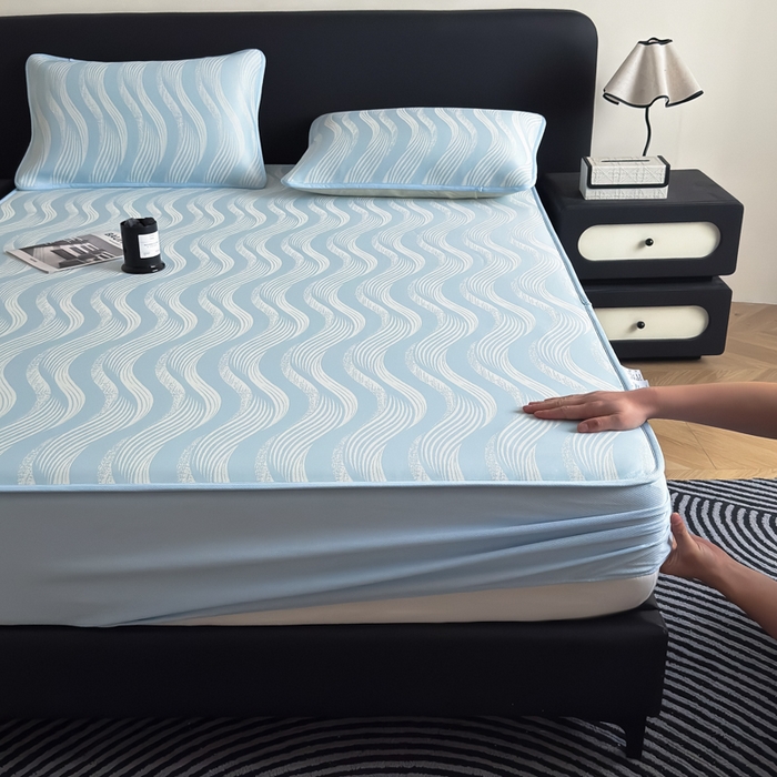 九花鹿 2025新款A类PE凉感提花床笠款冰丝凉席软凉席可机洗可水洗 波纹（天空蓝）
