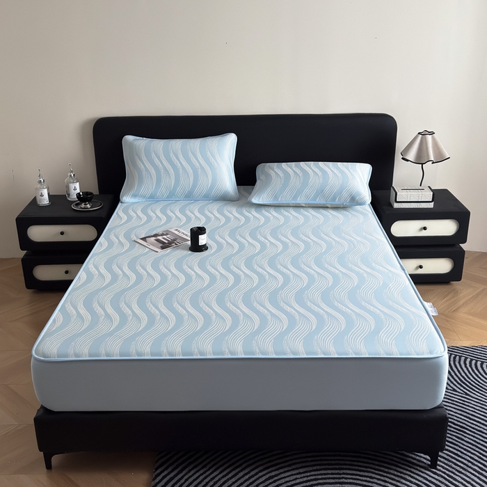 91家纺网 家纺一手货源 找家纺 九花鹿 2025新款A类PE凉感提花床笠款冰丝凉席软凉席可机洗可水洗 波纹（天空蓝）