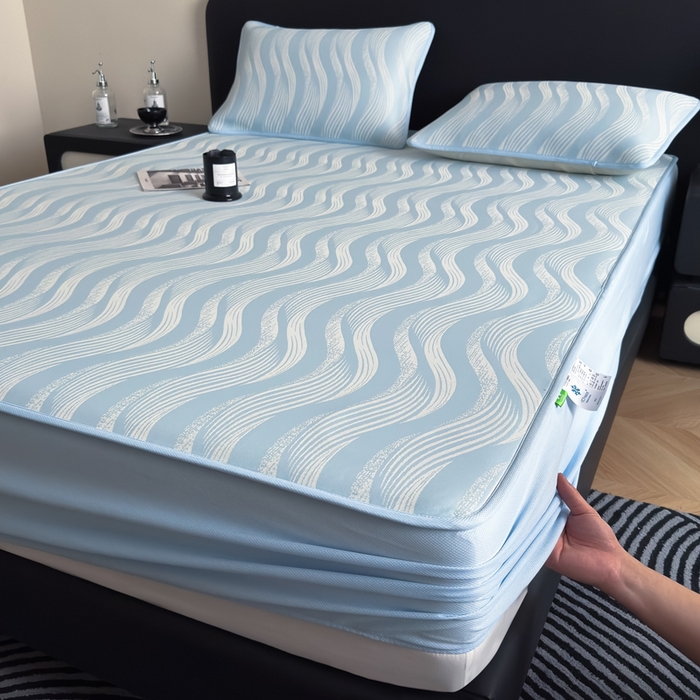 91家纺网 家纺一手货源 找家纺 九花鹿 2025新款A类PE凉感提花床笠款冰丝凉席软凉席可机洗可水洗 波纹（天空蓝）