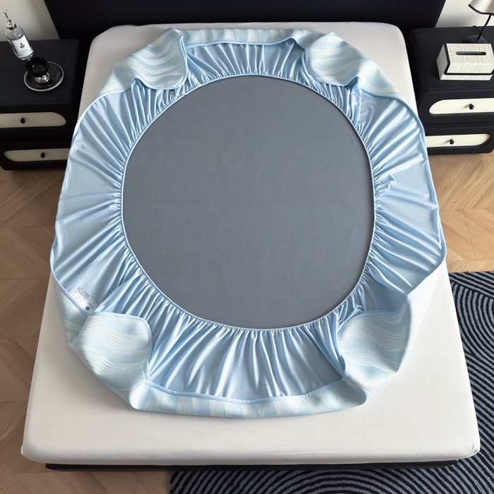 91家纺网 家纺一手货源 找家纺 九花鹿 2025新款A类PE凉感提花床笠款冰丝凉席软凉席可机洗可水洗 波纹（天空蓝）