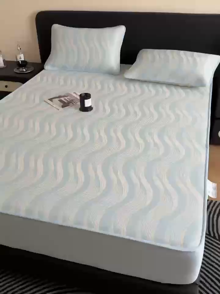 91家纺网 家纺一手货源 找家纺 九花鹿 2025新款A类PE凉感提花床笠款冰丝凉席软凉席可机洗可水洗 波纹（天空蓝）