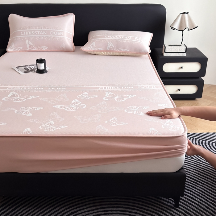 九花鹿 2025新款A类PE凉感提花床笠款冰丝凉席软凉席可机洗可水洗 蝶舞（浅粉）