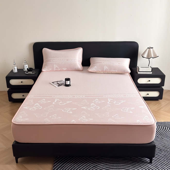 91家纺网 家纺一手货源 找家纺 九花鹿 2025新款A类PE凉感提花床笠款冰丝凉席软凉席可机洗可水洗 蝶舞（浅粉）