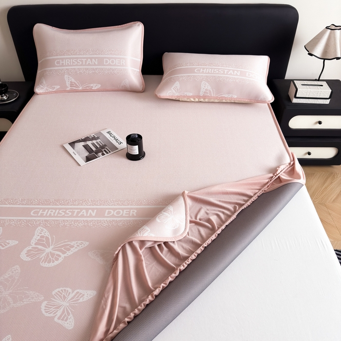 91家纺网 家纺一手货源 找家纺 九花鹿 2025新款A类PE凉感提花床笠款冰丝凉席软凉席可机洗可水洗 蝶舞（浅粉）