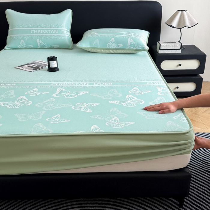 九花鹿 2025新款A类PE凉感提花床笠款冰丝凉席软凉席可机洗可水洗 蝶舞（浅绿）