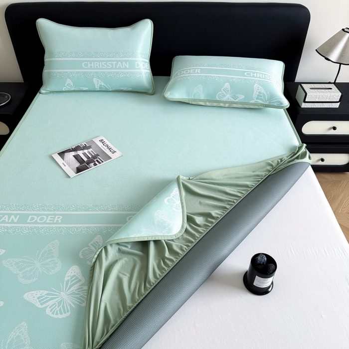 91家纺网 家纺一手货源 找家纺 九花鹿 2025新款A类PE凉感提花床笠款冰丝凉席软凉席可机洗可水洗 蝶舞（浅绿）