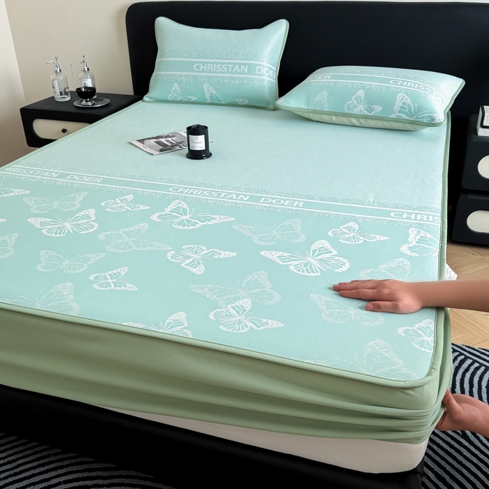 91家纺网 家纺一手货源 找家纺 九花鹿 2025新款A类PE凉感提花床笠款冰丝凉席软凉席可机洗可水洗 蝶舞（浅绿）