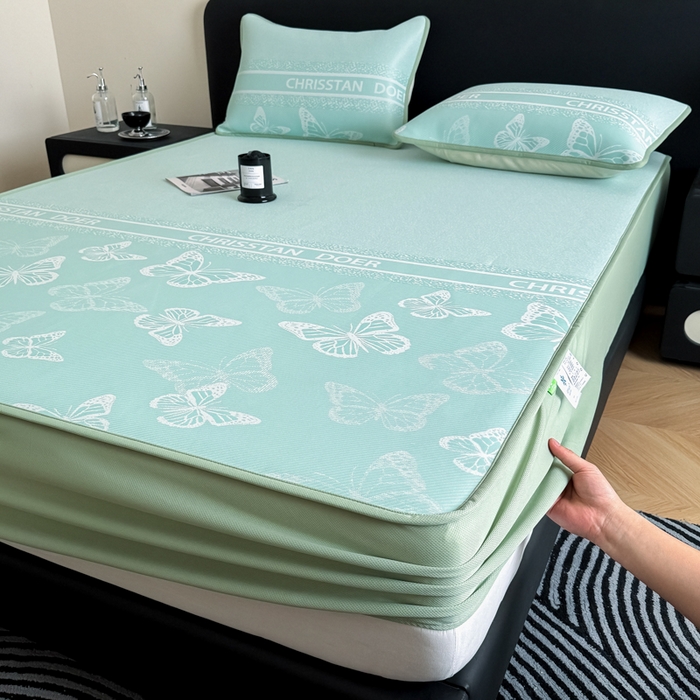 91家纺网 家纺一手货源 找家纺 九花鹿 2025新款A类PE凉感提花床笠款冰丝凉席软凉席可机洗可水洗 蝶舞（浅绿）