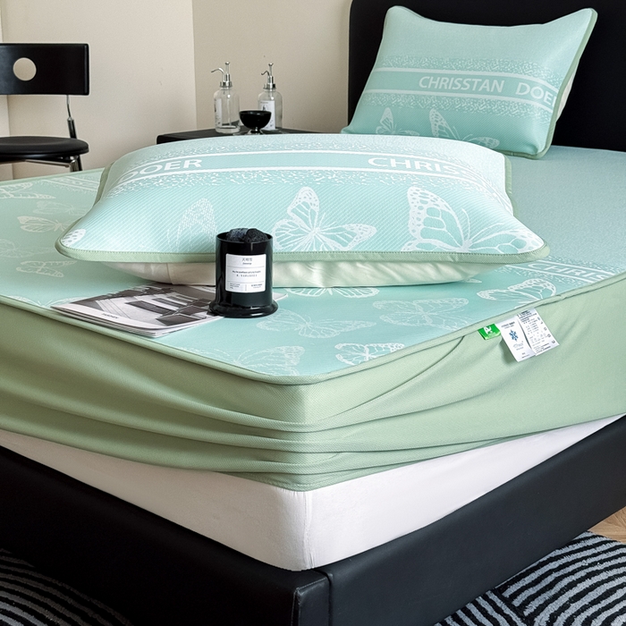 91家纺网 家纺一手货源 找家纺 九花鹿 2025新款A类PE凉感提花床笠款冰丝凉席软凉席可机洗可水洗 蝶舞（浅绿）