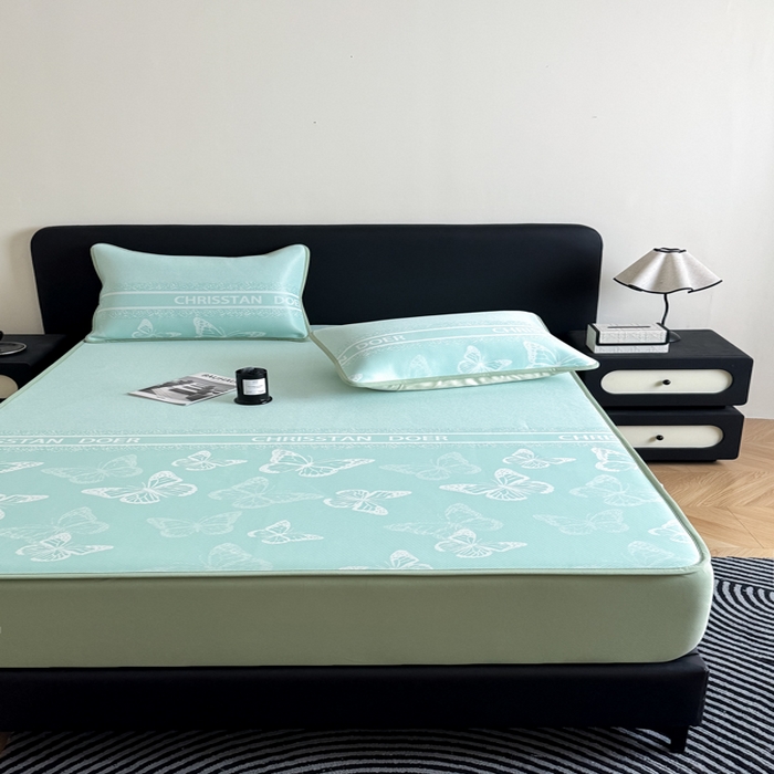 91家纺网 家纺一手货源 找家纺 九花鹿 2025新款A类PE凉感提花床笠款冰丝凉席软凉席可机洗可水洗 蝶舞（浅绿）