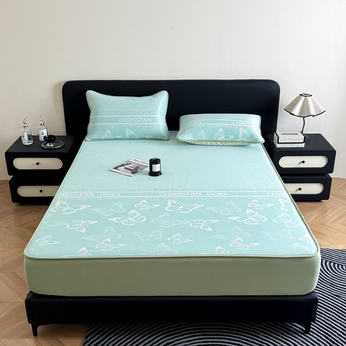 91家纺网 家纺一手货源 找家纺 九花鹿 2025新款A类PE凉感提花床笠款冰丝凉席软凉席可机洗可水洗 蝶舞（浅绿）