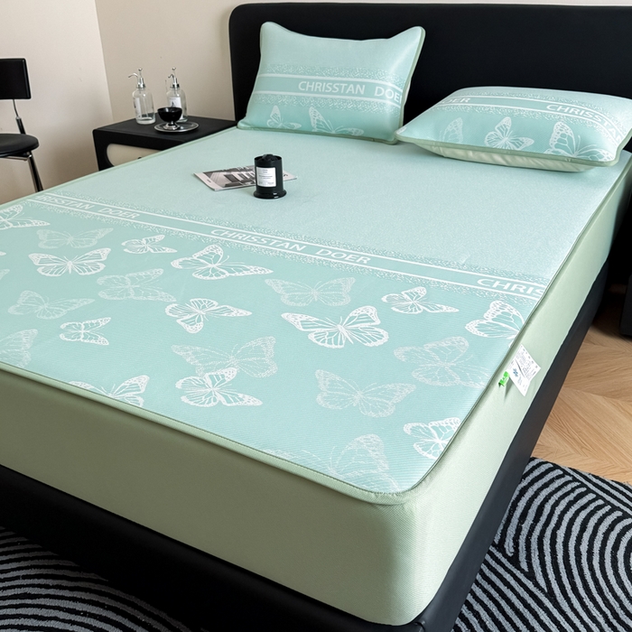 91家纺网 家纺一手货源 找家纺 九花鹿 2025新款A类PE凉感提花床笠款冰丝凉席软凉席可机洗可水洗 蝶舞（浅绿）