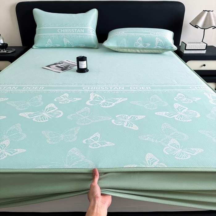 91家纺网 家纺一手货源 找家纺 九花鹿 2025新款A类PE凉感提花床笠款冰丝凉席软凉席可机洗可水洗 蝶舞（浅绿）