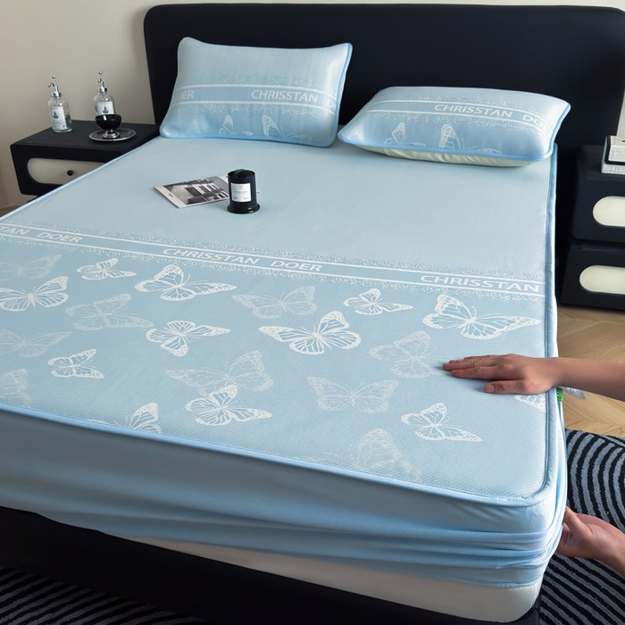 91家纺网 家纺一手货源 找家纺 九花鹿 2025新款A类PE凉感提花床笠款冰丝凉席软凉席可机洗可水洗 蝶舞（天空蓝）