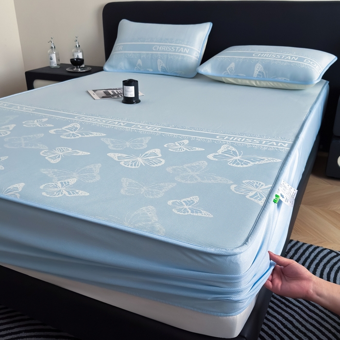 91家纺网 家纺一手货源 找家纺 九花鹿 2025新款A类PE凉感提花床笠款冰丝凉席软凉席可机洗可水洗 蝶舞（天空蓝）