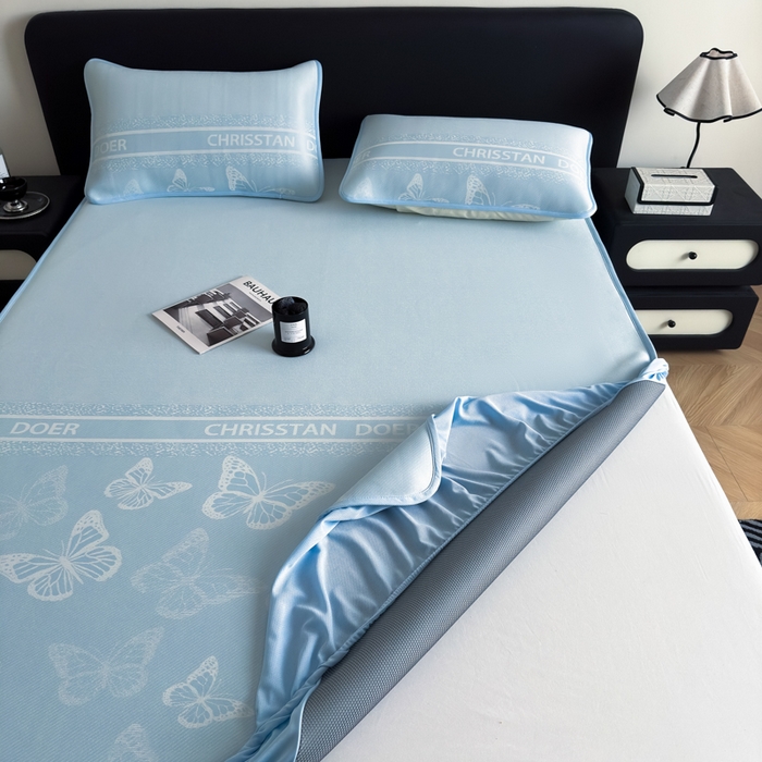 91家纺网 家纺一手货源 找家纺 九花鹿 2025新款A类PE凉感提花床笠款冰丝凉席软凉席可机洗可水洗 蝶舞（天空蓝）